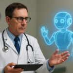 A doctor holding a virtual robot in his hand