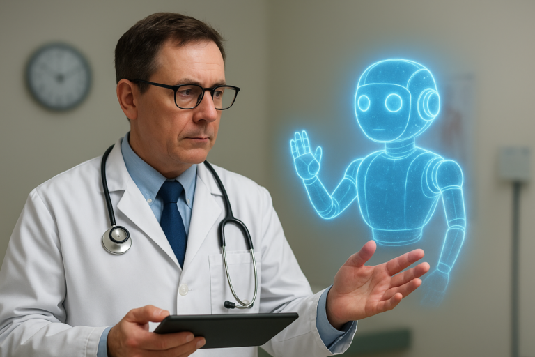 A doctor holding a virtual robot in his hand