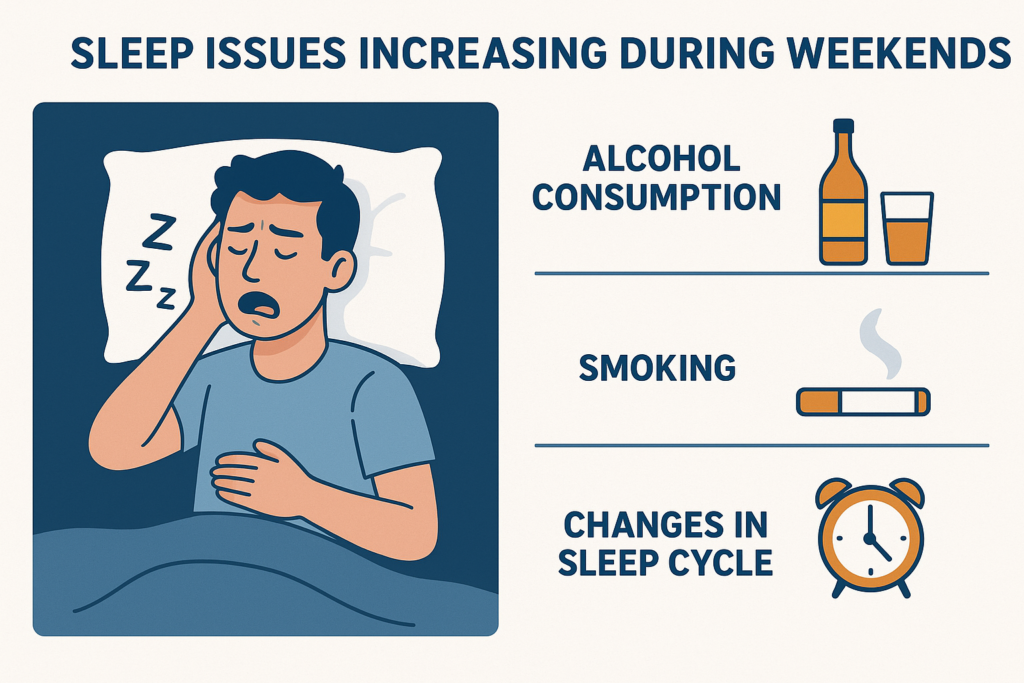 Reason shown for a boy having poor sleep due to acohol, smoking, and sleep cycle changes